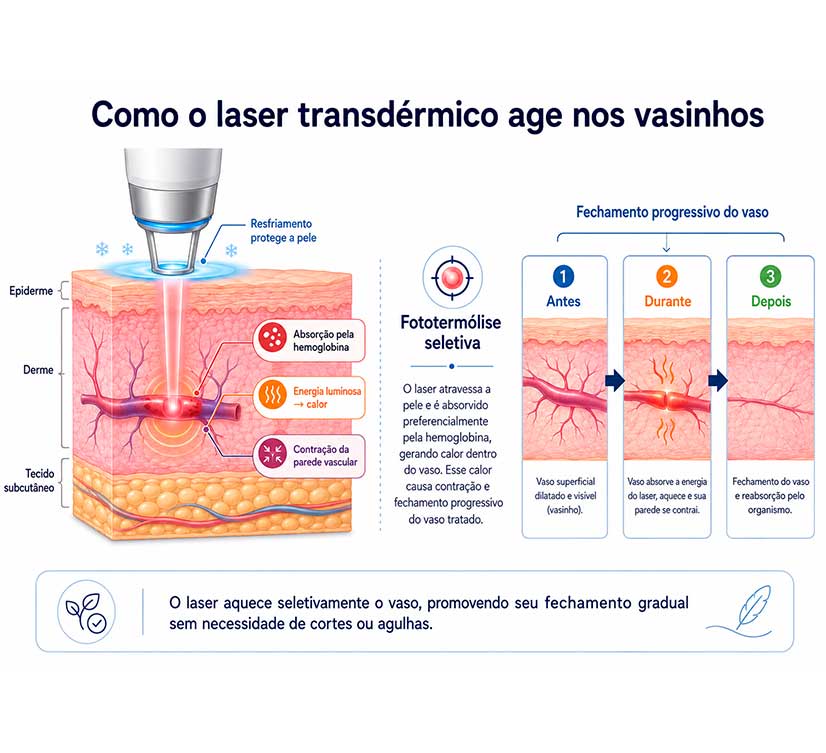 Ilustração em corte da pele mostrando o feixe de laser Nd:YAG atravessando a epiderme, sendo absorvido pela hemoglobina dentro do vasinho e fechando a parede do vaso em três etapas.